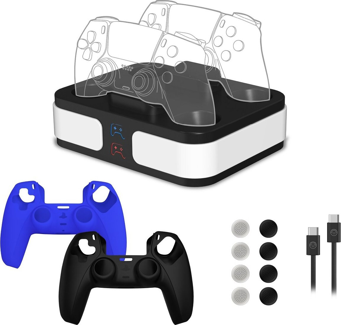 Qware Gaming Set met snelle oplader, duimgrepen en siliconen hoesjes voor PlayStation 5