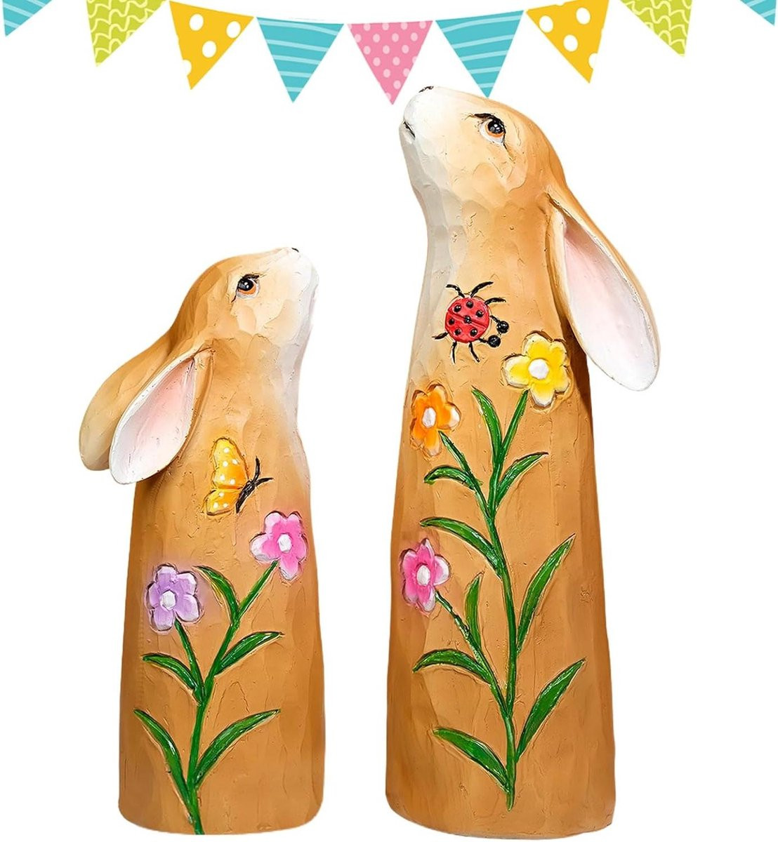 Set van twee Paashaas decoratie beeldjes in oranje en wit, Hoogte: 15,3 cm