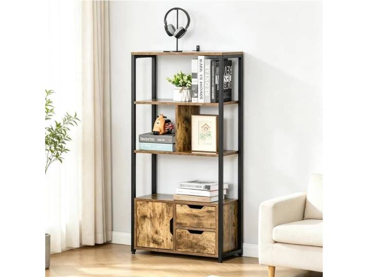MEULVA Bibliothèque étroite avec 3 étagères porte et 2 tiroirs effet bois et métal noir 122 cm