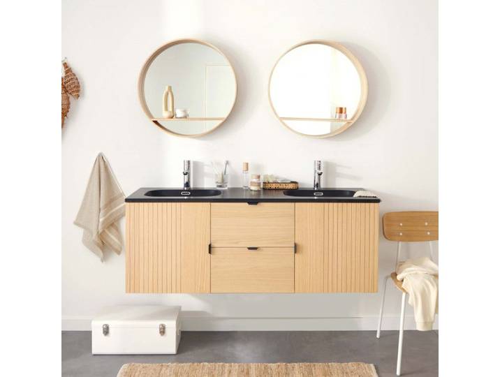 Meuble double vasque 140cm chêne STUDIO suspendu + miroir rond