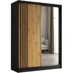 KLEIDERSCHRANK mit Spiegel-Schiebetüren und Aluminium-Leisten, LED-Beleuchtung - NALLA - 160 cm Schwarz+Artisan+Schwarz