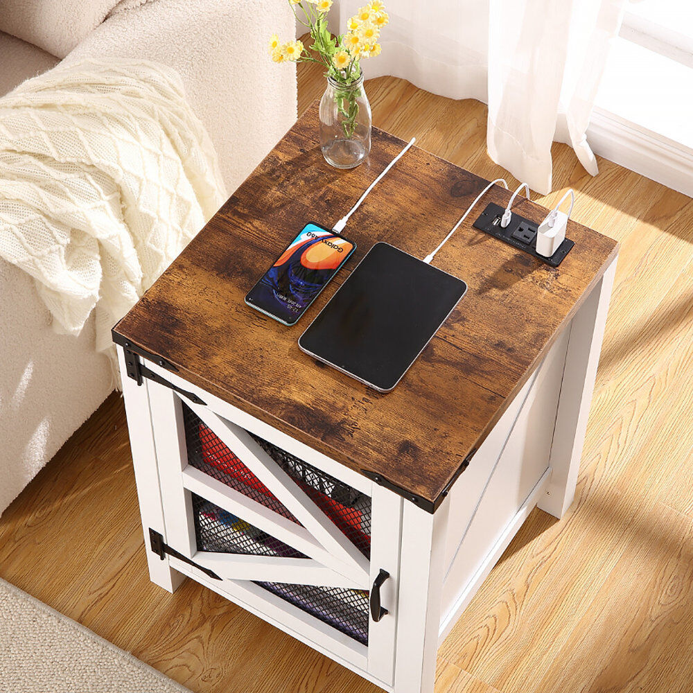 Blue Elephant Farmhouse End Table with Charging Station, Mesh Barn Door, Magnetic Door, Adjustable Storage Shelf, Nightstand Square End Tables, Rustic Wood Sofa Sid Brown 2.5cm H X 2.5cm W X 2.5cm D
