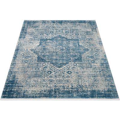 Teppich OCI DIE TEPPICHMARKE "COLOUR MEDI", blau, B:67cm H:8mm L:130cm, Polyacryl, Viskose, Teppiche, Teppich, Glanz Viskose, mit Fransen, Hoch Tief Struktur, Vintage, Wohnzimmer