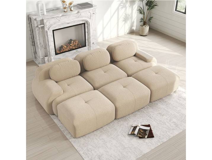 JOINERY canapé modulable 3 places 3 poufs sans montage velours côtelé beige mousse 32D salon home cinéma accoudoirs larges