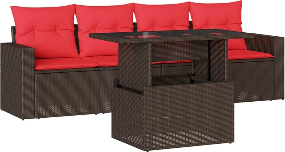 Modulares Gartensofa-Set, 5-teilig, mit verstellbarem Tisch, braunes Polyrattan, UV-beständig, rote Kissen, abnehmbare Bezüge