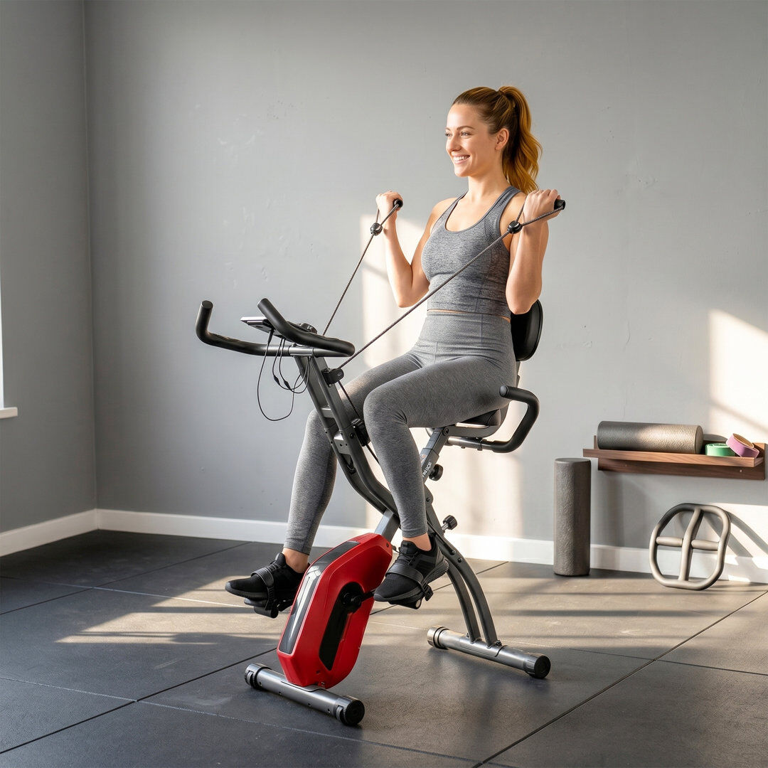 HOMCOM SPORTNOW 4-In-1 Folding Exercise Bike with Bluetooth App, Wheels, Red Red