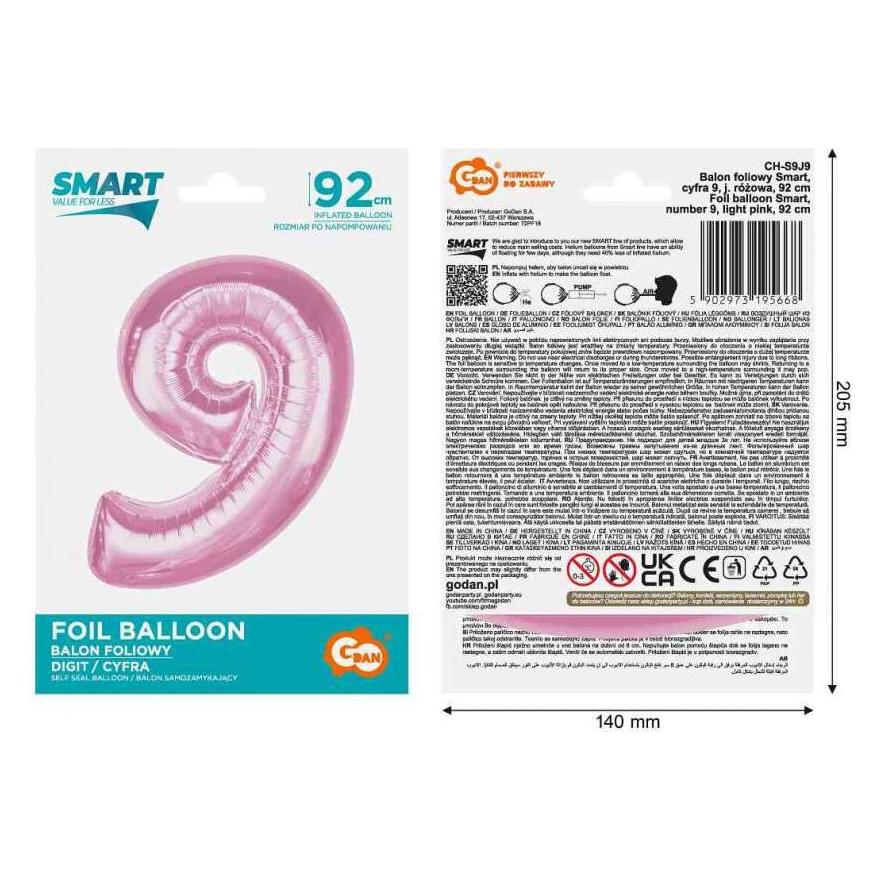 GoDan Balon foliowy cyfra 9 jasnoróżowa Smart 92cm (48020575)