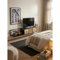 Lowboard Hängend Mango Massivholz Metall Modern Stil 150x25x35 cm Schwarz mit Wiener Geflecht