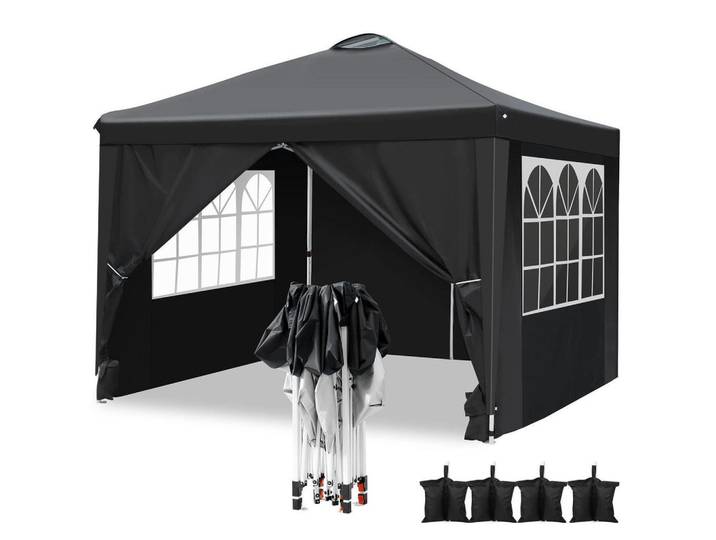 Pavillon 3 x 3 m schwarz mit 4 Seitenteilen und Belüftungsöffnung, Schwarz, 300x223x300 cm, Sonnenschutz, Pavillons
