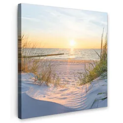 LEINWANDBILD Strand - Sonne - Düne - Gras - Sand - Horizont Wandbild Wohnzimmer 50x50 cm