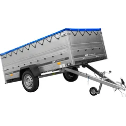 Großer Anhänger 750 kg GARDEN TRAILER 264 KIPP mit Bordwandaufsatz [zusätzliche 40 cm], Stützrad und blauer Flachplane