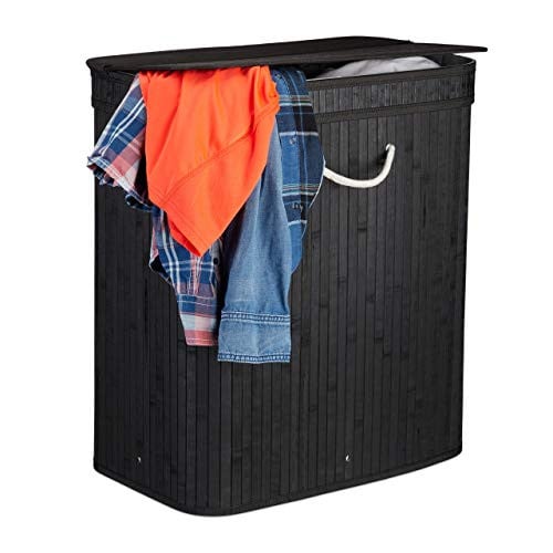 Relaxdays Wasmand met deksel van bamboe, zwart, 95 liter