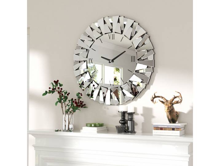 Grande horloge murale de 80 cm pour salon, chambre à coucher, cheminées, décoration, horloge murale ronde à bord en verre biseauté, miroir, mouvement silencieux