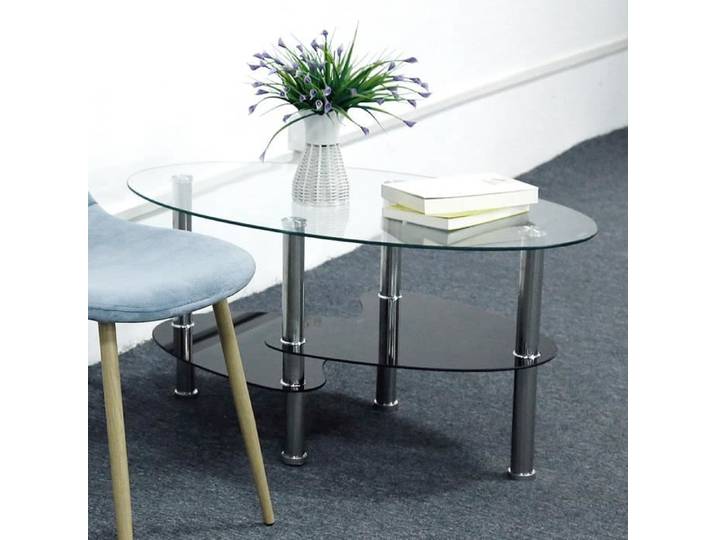 Table Basse - Dessus Verre Trempé - Ovale - Noir - Brillant