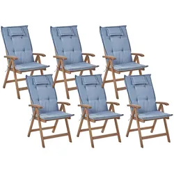 GARTENSTUHL 6er-Set Akazienholz dunkelbraun Auflagen blue Amantea