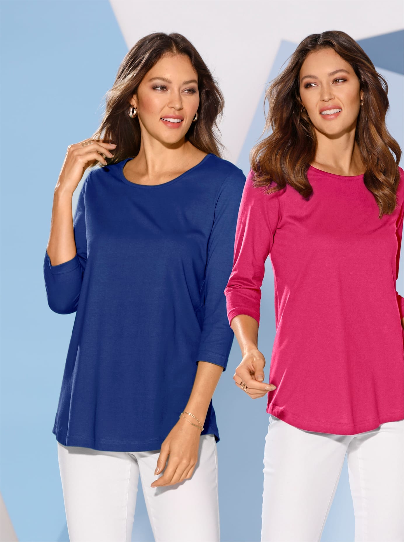 Longshirt CLASSIC BASICS "Doppelpack Shirts", Damen, Gr. 40, bunt (royalblau, pink), 100% Baumwolle, unifarben, Rundhals, Shirts Longshirt royalblau, pink 40