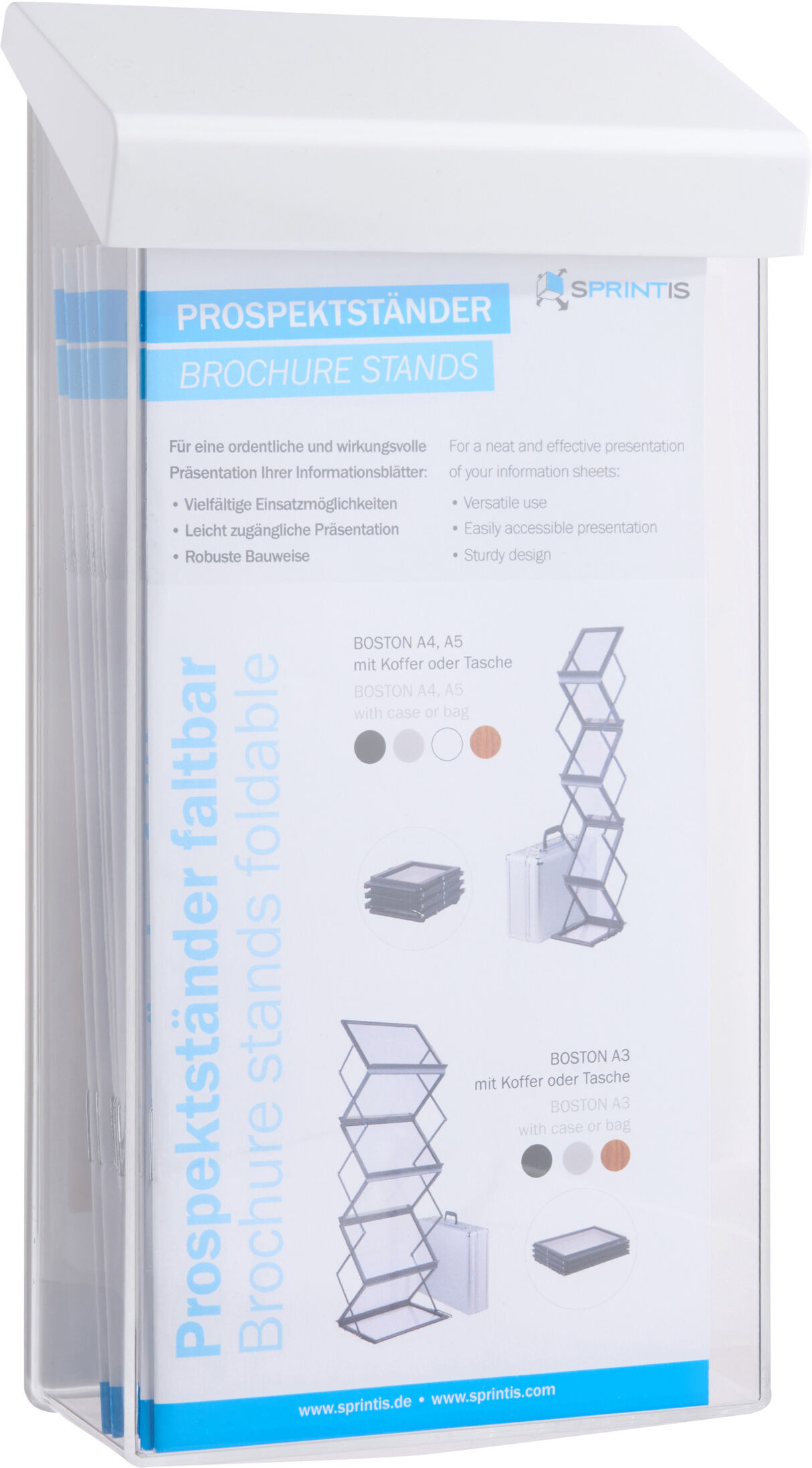 SPRINTIS Porte-brochures avec couvercle, DL, blanc, robuste, acrylique (PMMA)