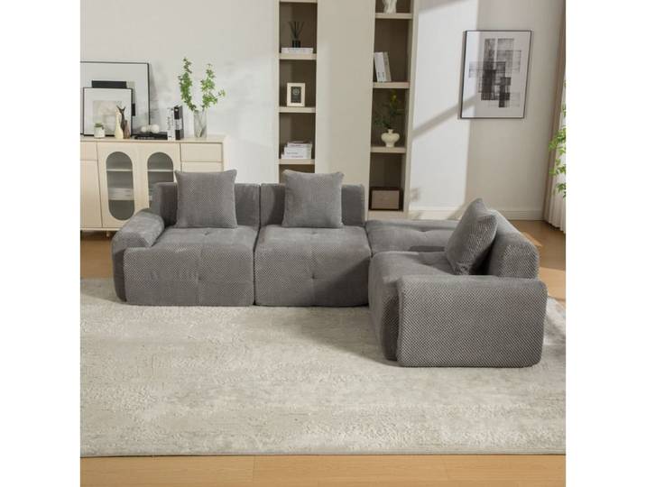 Canape D Angle 3 Places En Chenille Gris Canape Modulaire Compresse FloraGrace Pour Salon Sans Assemblage 266x176x75cm