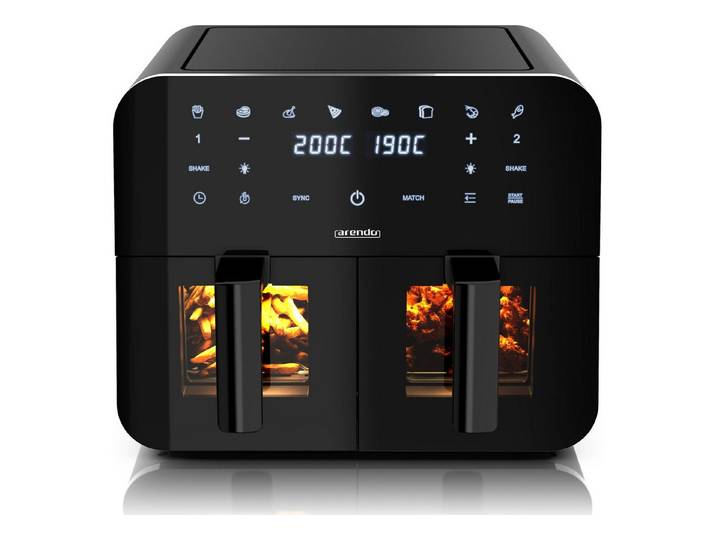 Arendo Heißluftfritteuse XXL Doppelkammer Airfryer 9L, Dual Zone, Sichtfenster mit Beleuchtung, 2400 W, mit Zubehör, Touchscreen, 3D Umluftsystem, fettarmes gesundes Kochen