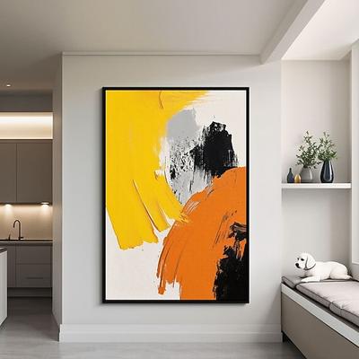 Großes gelbes minimalistisches abstraktes Gemälde mit Textur, schwarz-weiße 3D-Textur, abstrakte Kunst, Acryl-Gemälde, abstrakte Textur, moderne Kunst