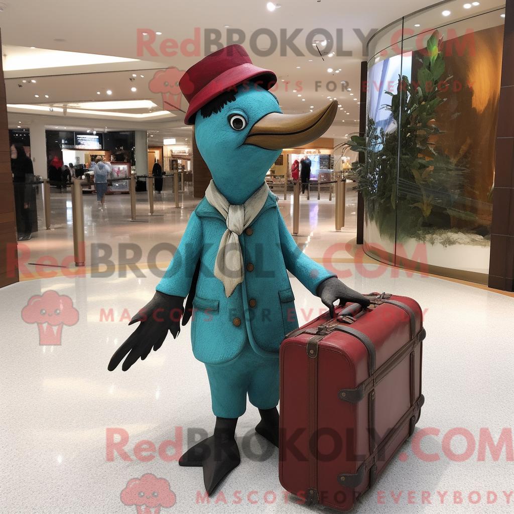 Maskottchenfigur REDBROKOLY eines blaugrünen Spechts mit Hose und Aktentasche