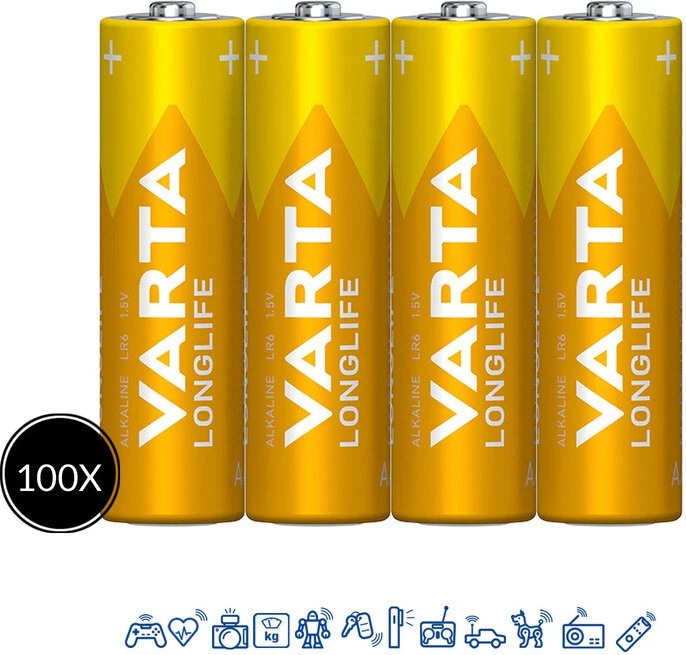 Varta Batterie Alkaline, Mignon, AA, LR06, 1.5V Longlife, Folienverpackung (4-Pack)