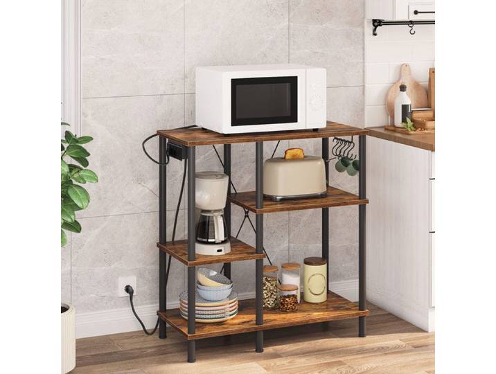 HOOBRO Étagère de Cuisine Desserte de cuisine avec Multiprise Support de Micro-Ondes avec Crochets en S Marron