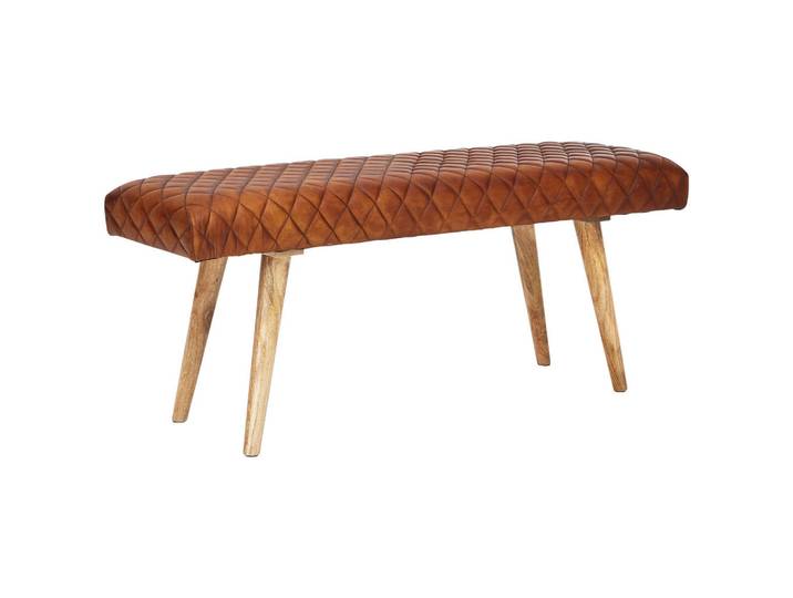 Mid.you Hockerbank, Braun, Holz, Echtleder, Ziegenleder, Mangoholz, massiv, 2-Sitzer, 115x53x38 cm, Schlafzimmer, Bettbank
