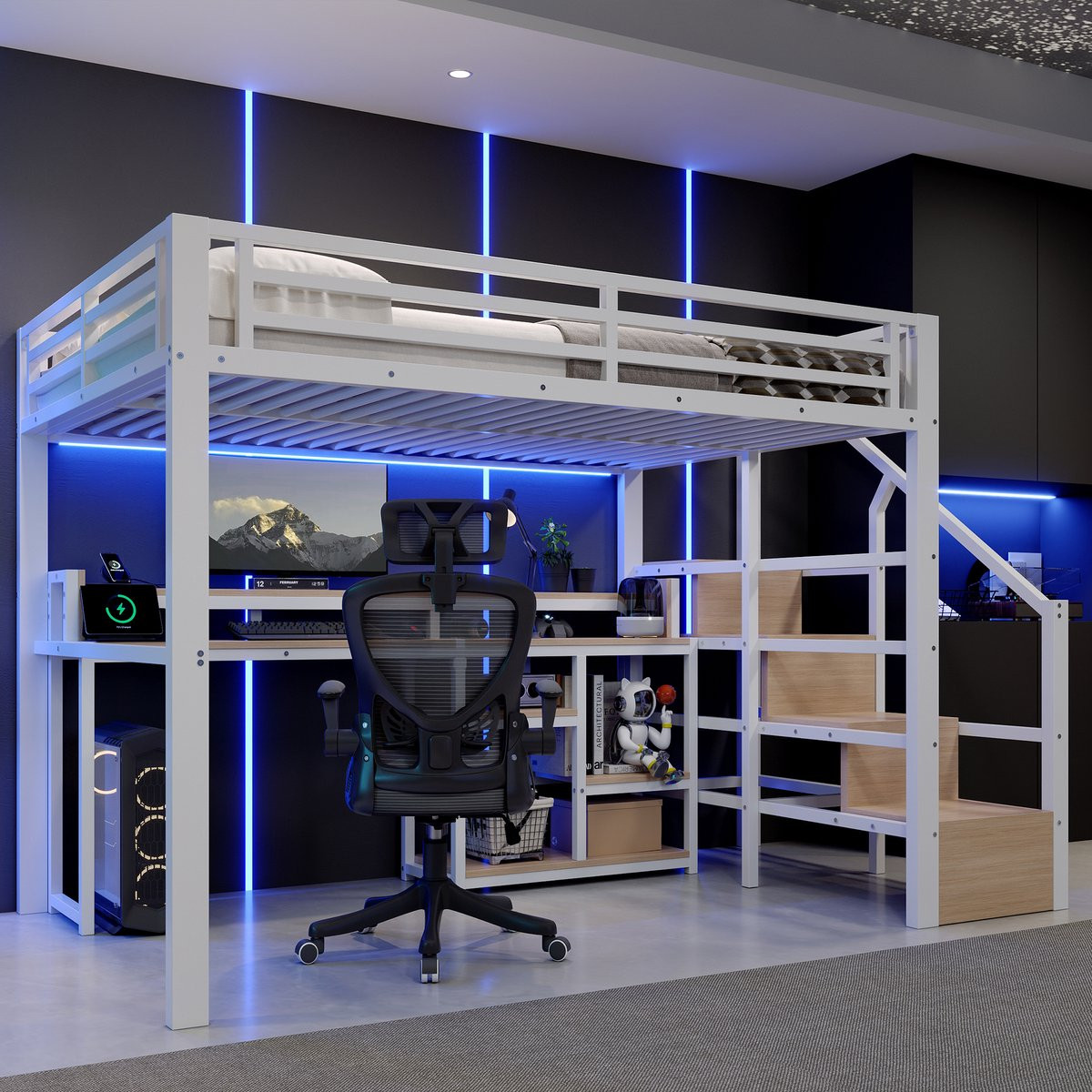 Zubaliya Kinderhoogbed met metalen bedframe, ladekast, opbergvak, USB + Type-C en LED-lichtstrip, Wit, B/D: 140 x 200 cm