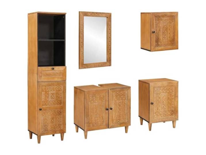Badezimmermoebel Set 5 Stueck Braun Holzwerkstoff Schrank Mit Schubladen Wandmontiert, schlanke Beine, buendige Tueren, Stangengriffe, pflegeleichte Oberflaeche