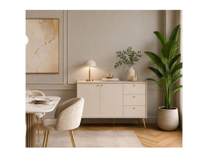 Buffet bas beige cachemire et pied doré 160cm EZIA