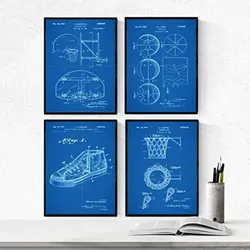 POSTER Set mit 4 Blau Patenten Basketball A4 Rahmenlos