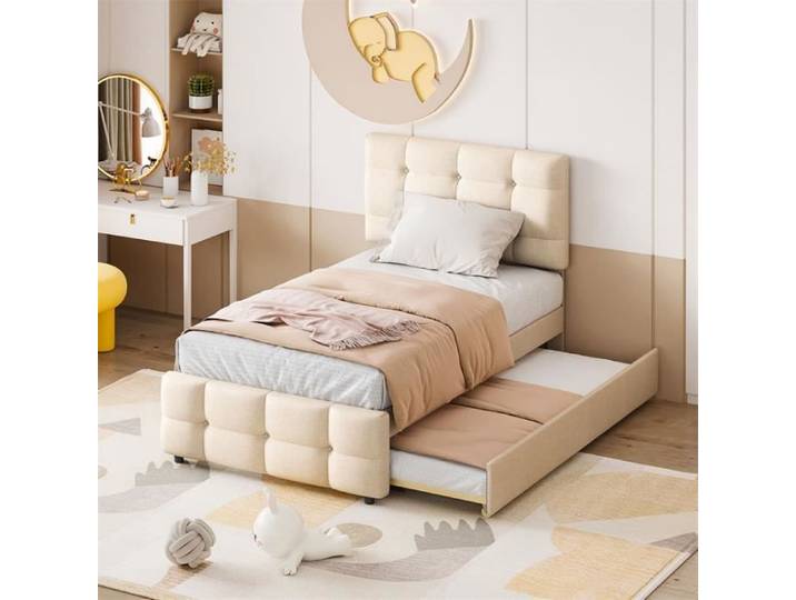 Lit gigogne - Enfant - Beige - 90x200cm + 90x190cm - Tête de lit réglable - Lit extensible en lin