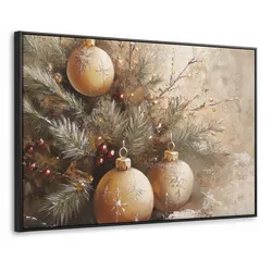 LEINWAND Bilder mit Rahmen - Weihnachten - Kugeln - Beige - Gold - 140x90