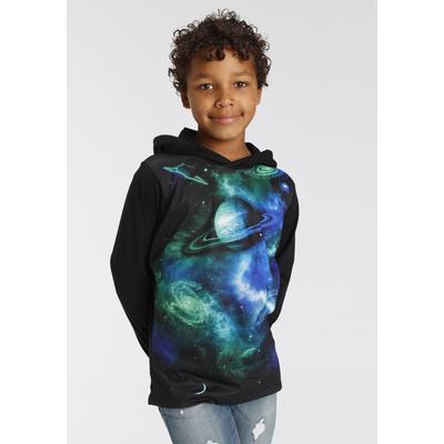 Kapuzenshirt KIDSWORLD "UNIVERSUM -Fotoprint", Jungen, Gr. 176/182, schwarz, Jersey, Obermaterial: 100% Baumwolle. Kapuzenfutter: 100% Baumwolle. Vorderteil: 100% Polyester, bedruckt, Basic, Shirts Kapuzenshirt, Langarm, Basic-Passform, mit...