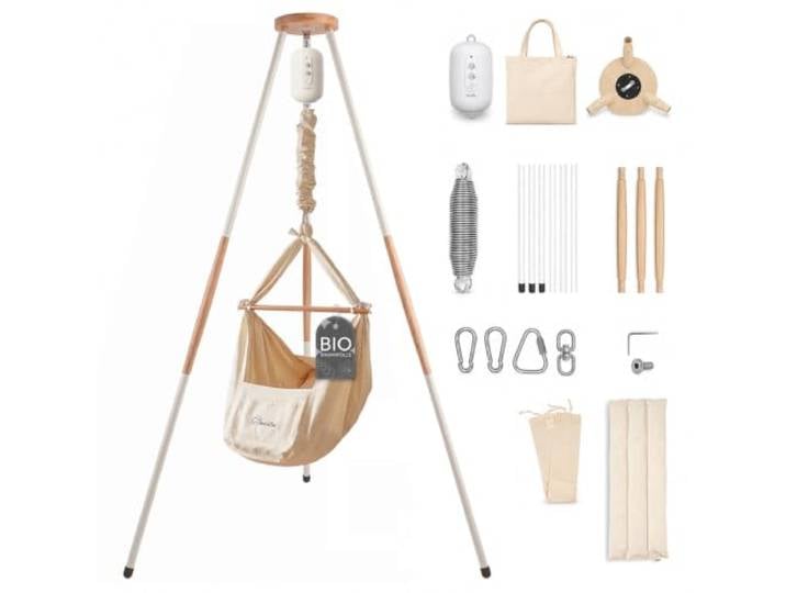 Swollie Baby Federwiege mit Motor und Tipi beige - für Babys ab Geburt bis 15 Kg - Stabil und rutschfest - Bio-Baumwolle und Matratze mit Schafwolle