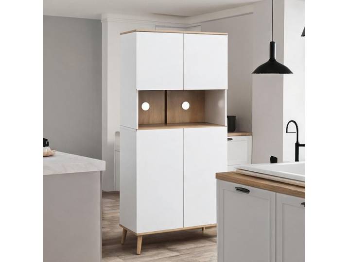 Buffet scandinave 2 portes en bois blanc grande niche centrale étagères réglables 80x40x178 cm