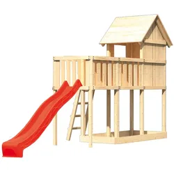 Akubi Stelzenhaus Frieda mit Wellenrutsche und Anbauplattform rot