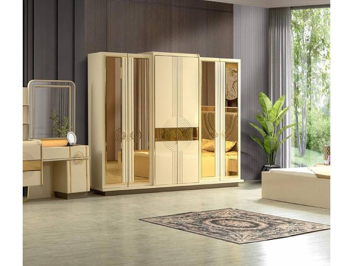 JVmoebel Kleiderschrank Luxus Kleiderschrank mit Spiegeltüren, Goldakzenten & Stauraum-System