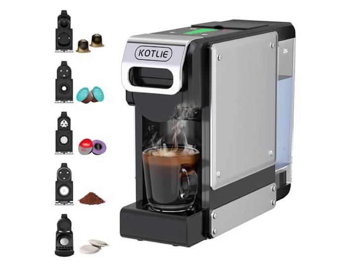 KOTLIE 550 Kapselmaschine, 5-in-1 System für Kapseln und Pulver Für Nes Original, D*G, Mio, Gemahlenem Kaffee und 44-mm ESE Pads, 7 Wasserstufen, Kompakt