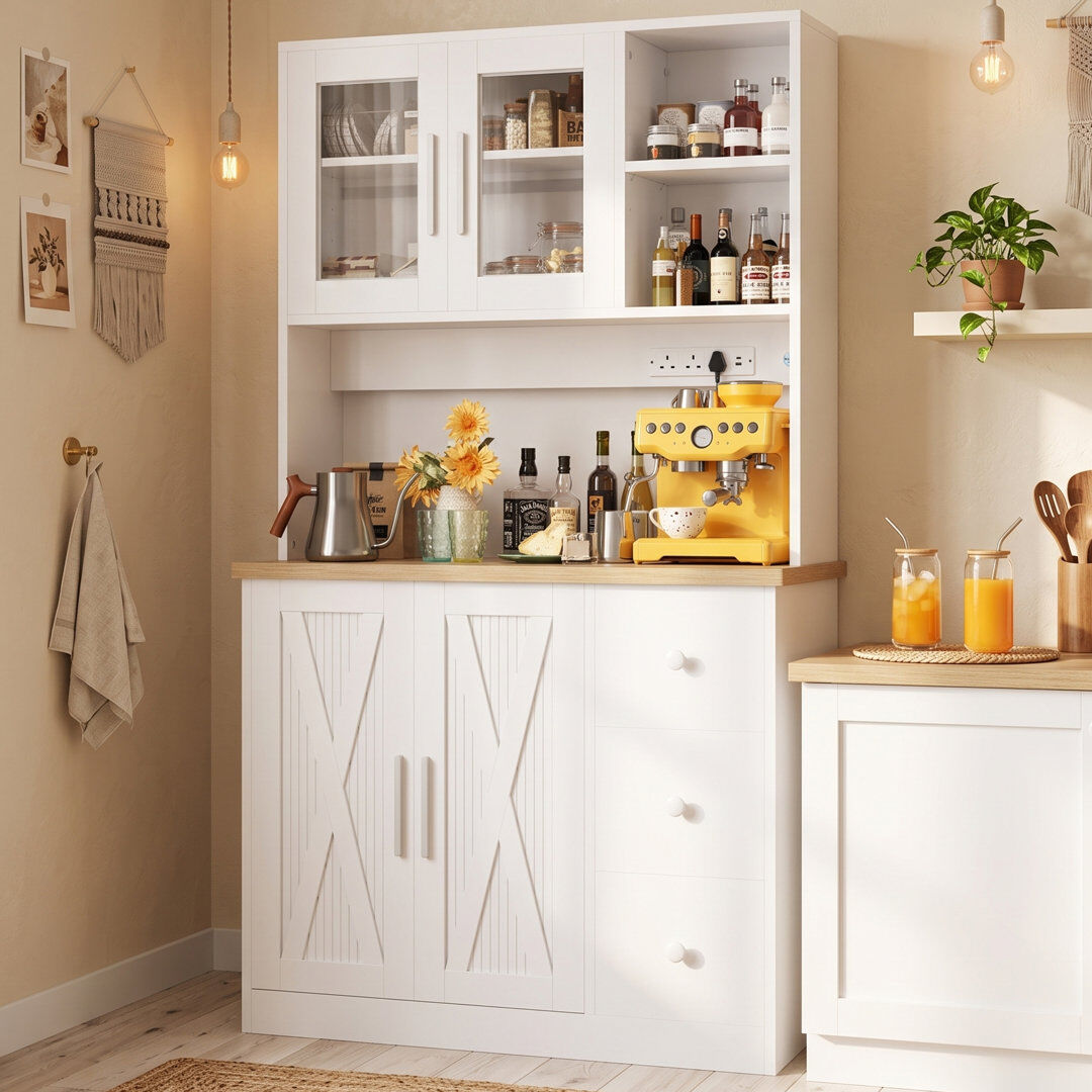 Brambly Cottage Kitchen Larder Pantry Cabinet Sideboard with Sockets,LED Light,Drawers White 180cm H X 100cm W X 40cm D