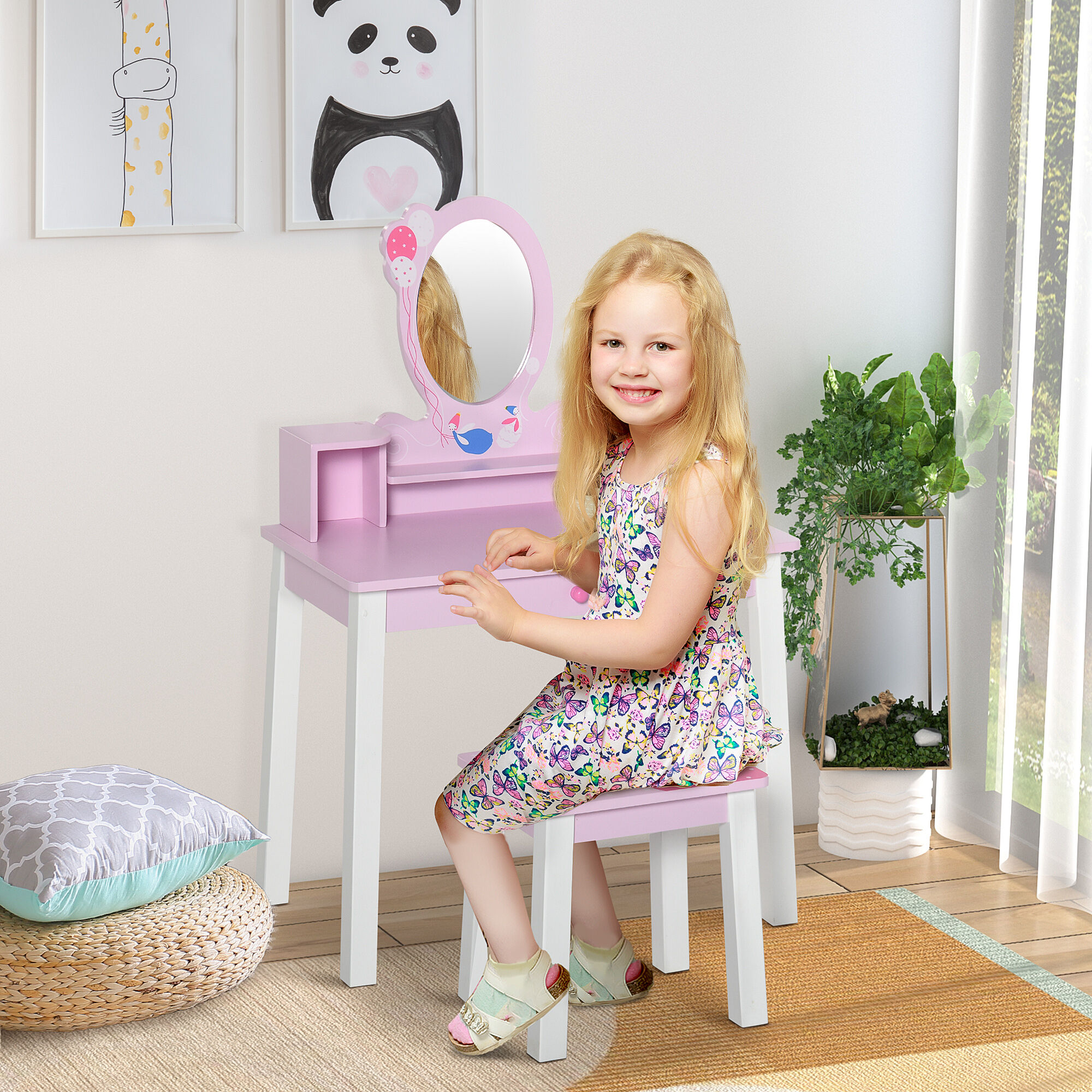 Altro Toeletta Per Bambine 3+ Anni In Legno, Set Tavolo Da Trucco Giocattolo Con Specchio E Sgabello, Rosa