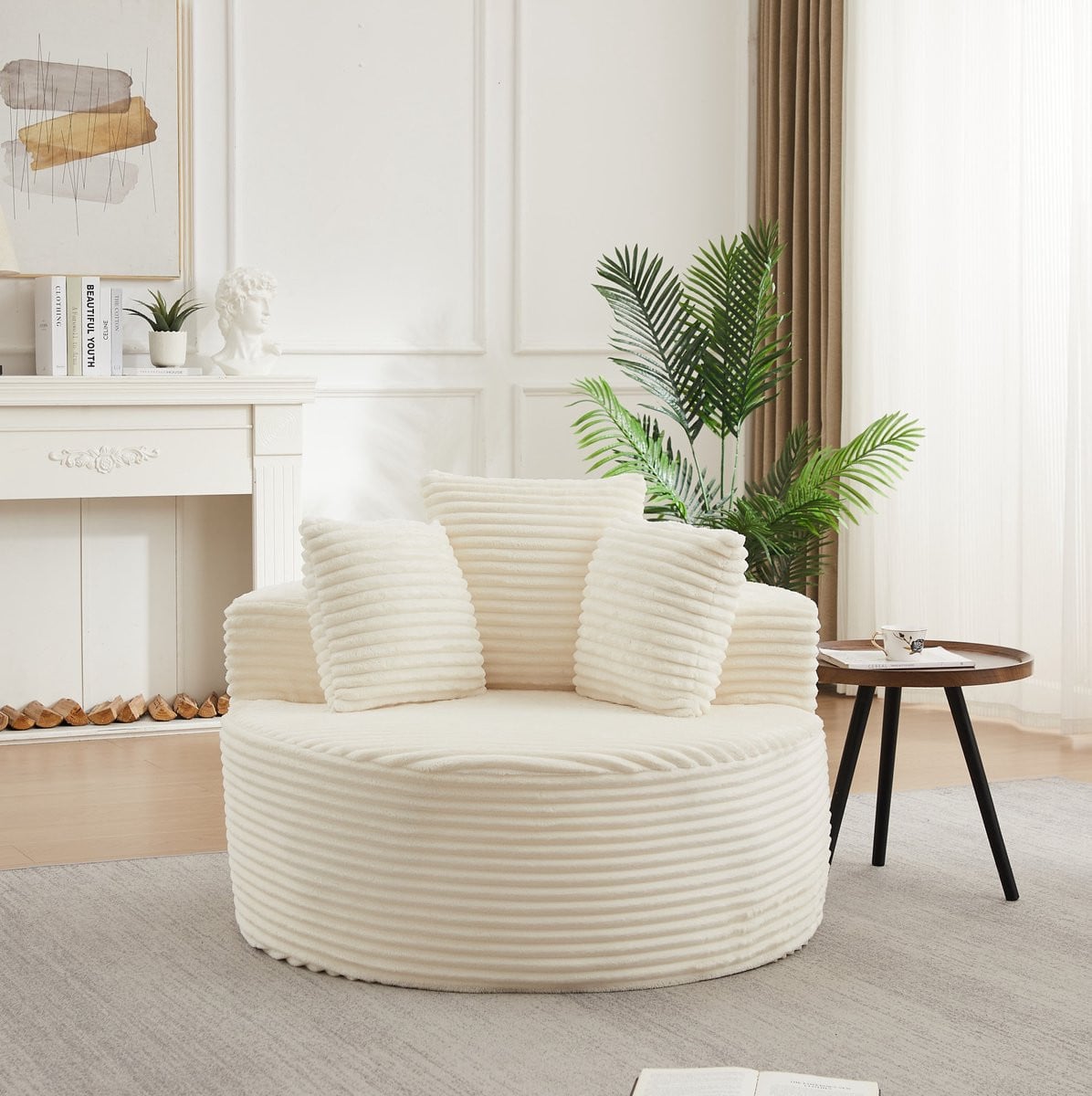 MODENUIT Fauteuil Rond Corduroy Beige met 3 Sierkussens en Brede Armleuningen