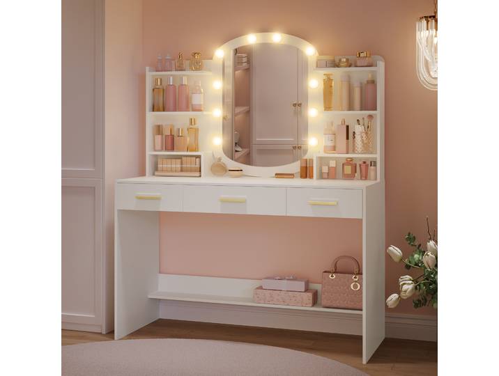 Coiffeuse avec miroir ovale, coiffeuse, tiroirs avec compartiments ouverts, pour chambre et dressing, blanc