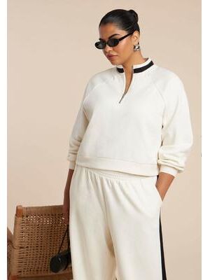 Plus Size Women's Stripe Detail Quarter Zip Sweatshirt by ELOQUII in Jet Stream (Size 26/28)