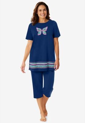 Plus Size Women's Knit Capri Sleep Set by Dreams & Co. in Evening Blue Butterfly (Size M)