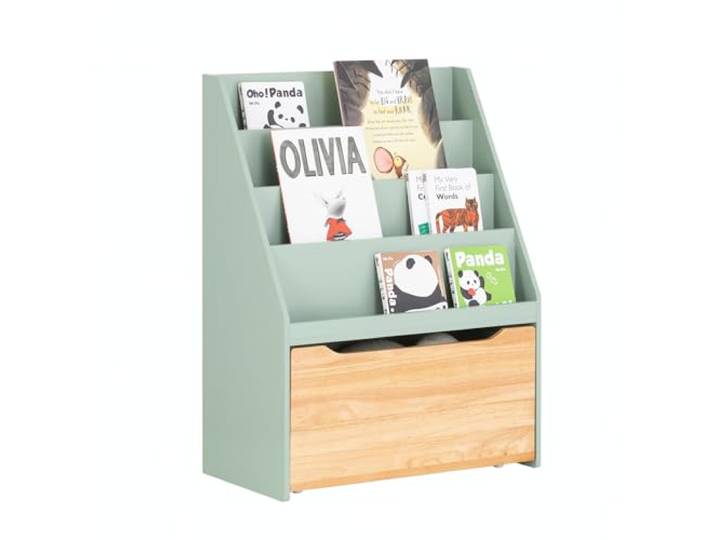 SoBuy Kinder Bücherregal 62x80x30 cm für Kinderzimmer Regal mit 4 Fächern & herausnehmbarer Spielzeugtruhe auf Rollen, Grün-Natur KMB95-GR