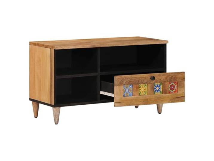 TV-Schrank mit Regal Natur 80 x 33 x 46 cm Massivholz Mango Mango Massivholz, Holzwerkstoffe, Regalbretter, Schubladen, Knopfgriffe, freistehend, Wohnzimmer