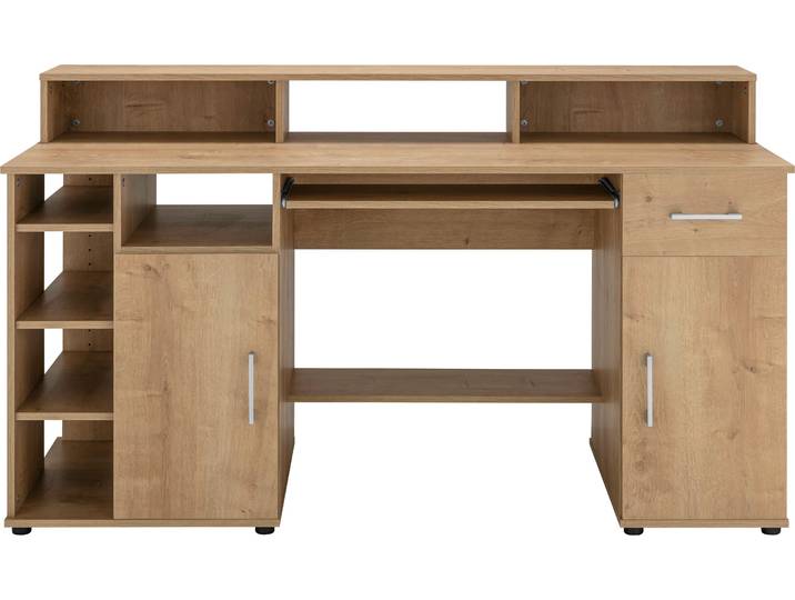 Schreibtisch VOGL MÖBELFABRIK Timra mit Monitoraufsatz, Tastaturauszug & Towerfach , braun (eiche, eiche, eiche), B:154cm H:88cm T:60cm, Tische, Schreibtisch, Breite 154 oder 178 cm, Made in Germany