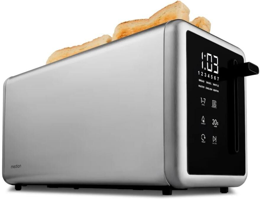 Medion Toaster "Langschlitztoaster, MD12103, LED Sensor-Touch-Display", silber (edelstahl), B:15,6cm H:18,7cm T:38,4cm, Toaster, abnehmbarer Brötchenaufsatz, Toaster edelstahl Einheitsgröße